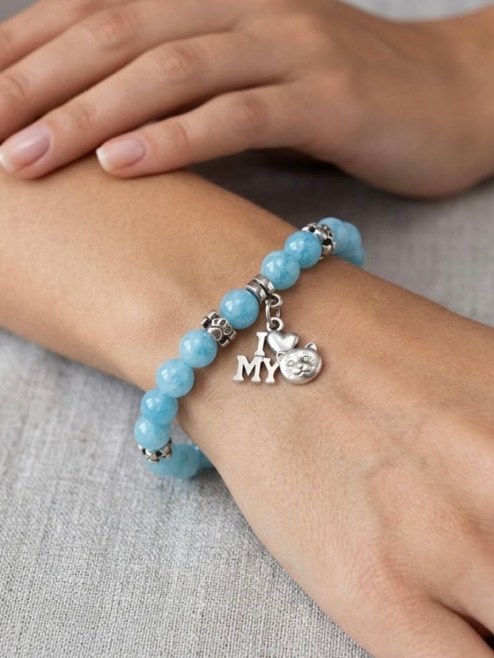 Aquamarine + Silver "I Love My Cat" Charm Beaded Bracelet - Never Worn